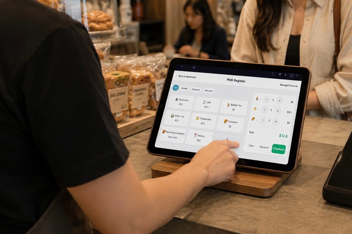 A clerk rings up an order on the Billbook POS register on a tablet at a café counter